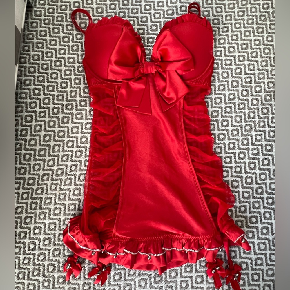 Victoria’s Secret Red Jingle Bells Satin Ruffle Corset/Teddy Lingerie. 34-C.